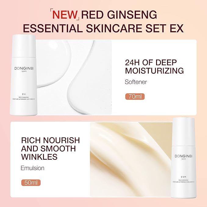 Donginbi Red Ginseng Essential Skin Care Set - Firming Moisturizer(1.69 floz), Hydrating Toner(2.37 floz), Korean Red Ginseng Essence(2.37 floz), Pore Cleaner(1.69 floz), Korean Skin Care