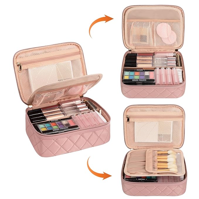 OCHEAL Makeup Bag, Cute Makeup Organizer Bag Make up Bag for Toiletry Cosmetics Accessories with Divider and Brushes Compartments, Makeup Travel Case Cosmetic Bags Women Girls -Nude Pink