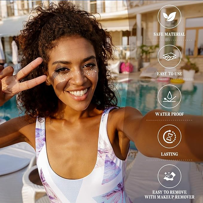 Glitter Freckles Face Tattoo 6 Sheets Face Makeup Patches Gold & Silver Star Fake Freckles Cute Glitter Makeup Accessories for Women Girls