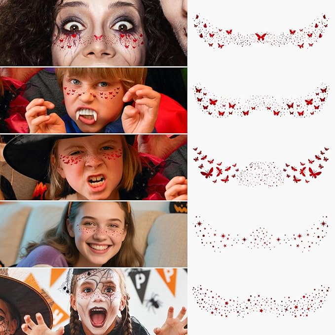 10PCS Halloween Glitter Freckles Face Tattoo, Sparkle Freckles for Women and Kids, Cute Star Waterproof Gold Temporary Face Tattoos Glitter Glow Up Patches (10PCS Red)