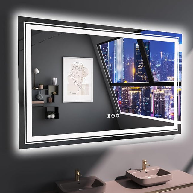 LED Bathroom Mirror, 55"X36" with Front and Backlit, Anti-Fog, Large Bathroom Vanity Mirror for Wall, Memory Function, Stepless Dimmable, Tempered Glass (Horizontal/Vertical)