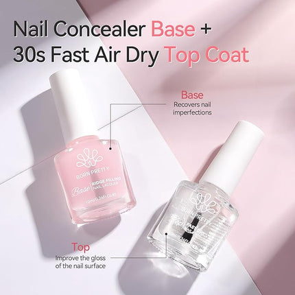 Born Pretty Clear Nail Polish Base and Top Coat Set 2 PCS High Shine Glossy Finish Quick-Dry No U V Needed Low Odor Natural Compatible with Nail Lacquer DIY Salon 0.34 fl oz Each