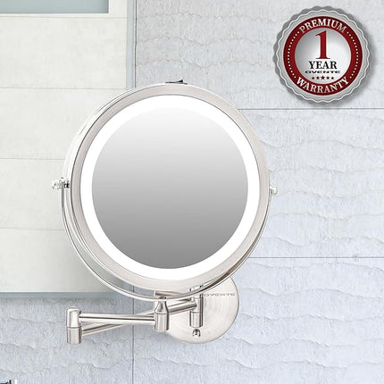 OVENTE Wall Mounted Lighted Makeup Mirror, 9" Double Sided 1X/10X Magnifying Vanity Mirror for Bathroom with LED Lights, Cordless, 360° Rotation and 13" Extendable Arm, Nickel Brushed MFW85BR1X10X
