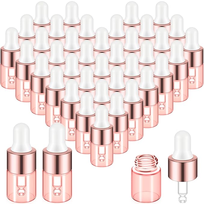 100 Pcs Mini Glass Oil Dropper Bottle Bulk, Clear Essential Small Empty Bottles Sample Containers Perfume Liquid Vials with Cap for Traveling (2 ml,Pink Body)