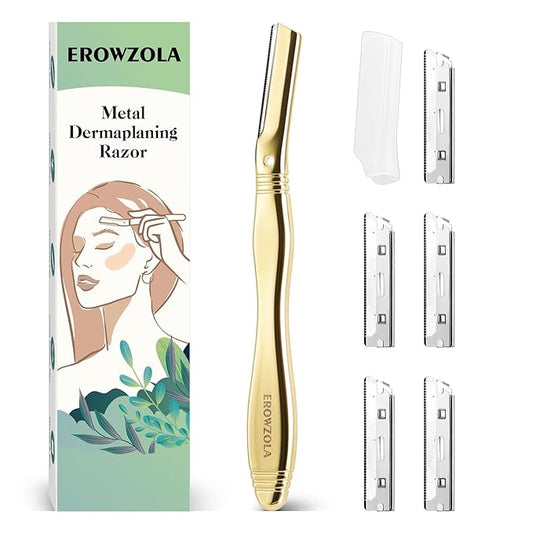 Eyebrow Razor for Women and Men, Face Razors for Women, Dermaplane Razor with Protective Silicone Cover, Reusable Metal Handle with 6 Refill Blades, Skin Care Tool - Shiny Gold