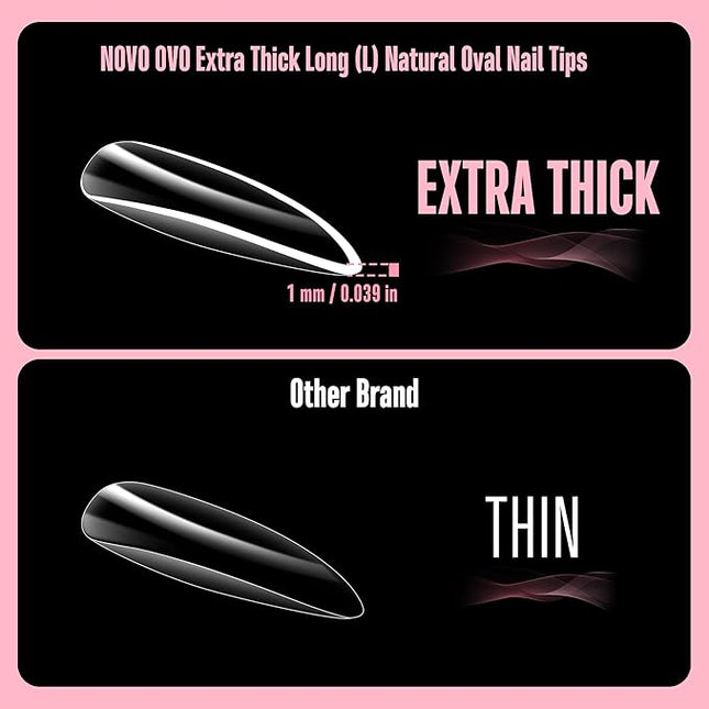 NOVO OVO Long Oval Nail Tips NATURAL (Not SCULPTED) for Flat Nail Beds, Extra Thick L Length False Nails Press on, Full Cover Soft Gel Fake Nail Extension, Salon DIY x 15 Sizes 450 pcs