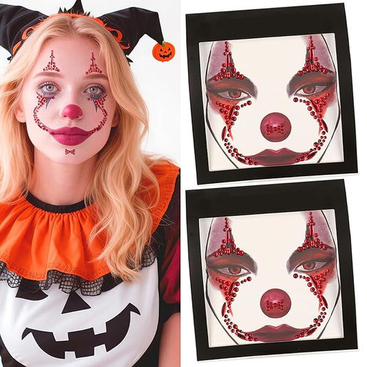 Halloween Face Gems Jewels Tattoos, 2Sheets Day of the Dead Skull Face Temporary Tattoos, Clown Face Makeup Stickers for Halloween Festival Rave Party Outfit