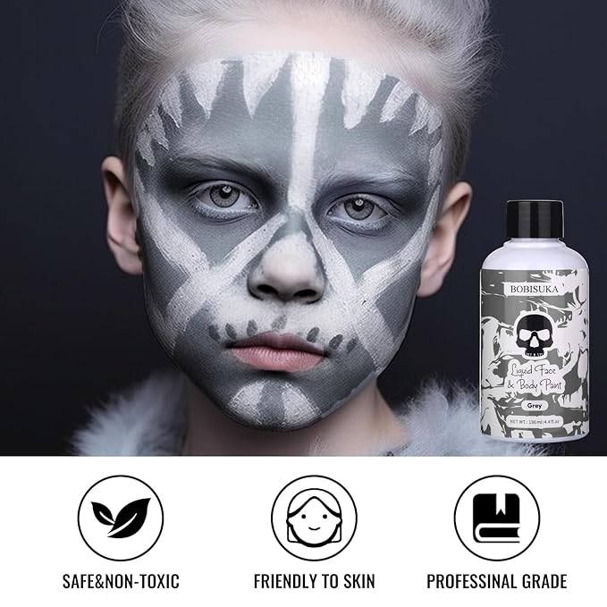 BOBISUKA Grey Face Body Paint Liquid Texture Washable Non Toxic Facepaint Fast Drying Foundation Makeup for Halloween Corpse Bride Zoombie Cosplay SFX Costume Party Large Capacity(130ml)