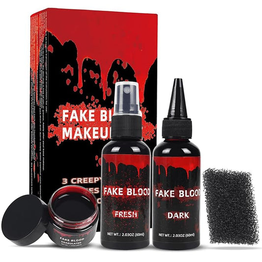 3PCS Halloween Fake Blood Makeup Kit, Fake Blood Dripping 2.03oz + Spray 2.03oz + Coagulated 1.35oz, Realistic Washable Fake Blood for Zombie Monster Mouth Clothes Vampire Cosplay & Dress Up
