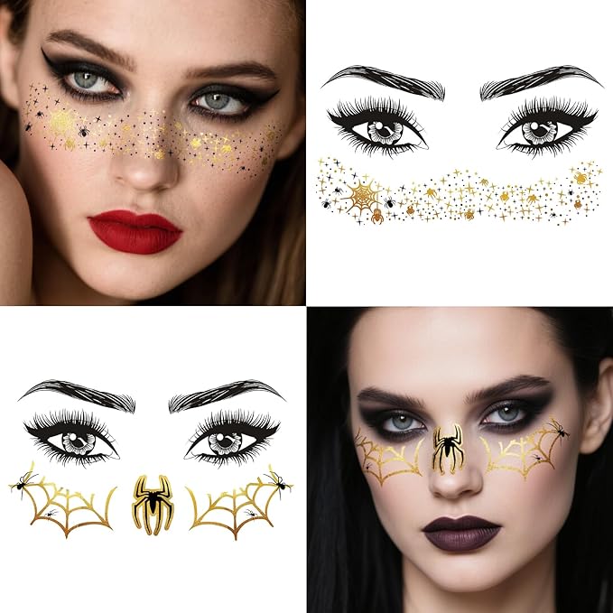 12 Sheets Halloween Face Temporary Tattoo, Ghost Skull Witch Bat Spider Pumpkin Rose Waterproof Fake Tattoos Face Makeup Freckles Patches For Women Girls Halloween Festival Party Supply