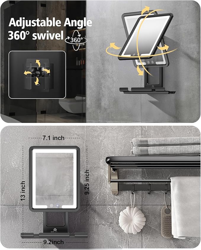 Lighted Shower Mirror Fogless for Shaving, Heated Fogless Shower Mirror with 3 Colors Stepless Dimmable Lights, Rechargeable Adjustable Shaving Mirror with Razor Stand, Brush Holder for Men