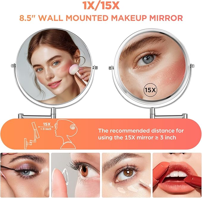 Wall Mounted Makeup Mirror - 8.5in Double Sided Makeup Mirror with Extended Arm,1X/15X Magnifying Mirror for Makeup or Shaving - Chrome, No Lights