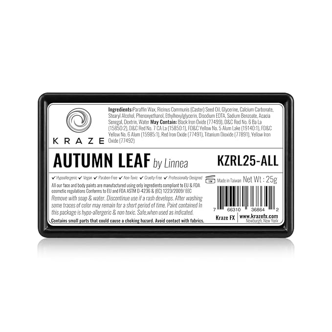 Kraze FX Dome Stroke - Autumn Leaf by Linnea (25 gm), Professional 1-Stroke Split Cake, Hypoallergenic, Non-Toxic, Water Activated Face & Body Painting Makeup Supplies for Kids Safe Adults