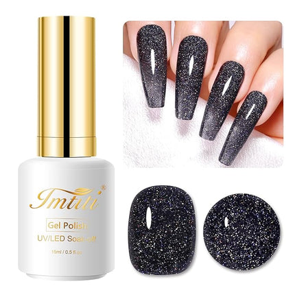 Imtiti Black Glitter Gel Polish,15ML Black Sparkle Iridescent Diamond Gel Polish Soak off UV Nail Art Manicure for Salon DIY at Home 1Pcs