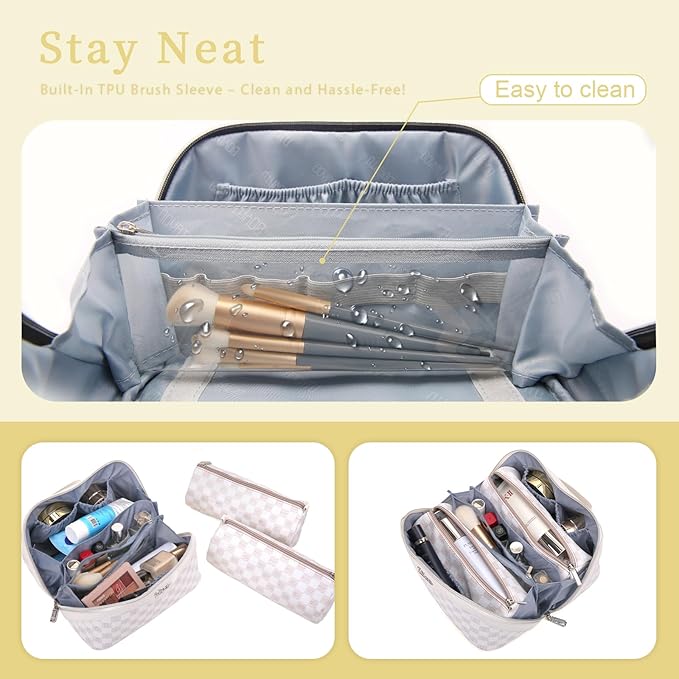 BOYATU Travel Makeup Bag Cosmetic Bags for Women: 3 Pcs Set Portable Make up Bag with Handle - Vegan Leather Toiletry Bags with Compartments - Makeup Organizer for Travel Essentials(02-White)