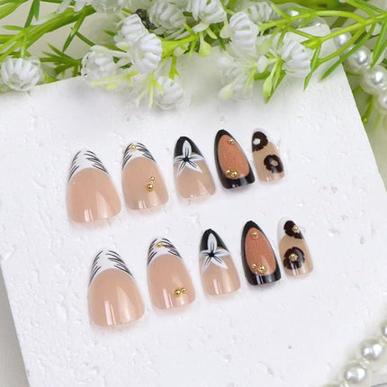 Press on Nails Short Almond Fake Nails with White Flower Stripe Golden Pearl Designs French Tip Nails Press ons Black Nude Glossy Acrylic Nail Winter Stick on Nail for Women 24 Pcs