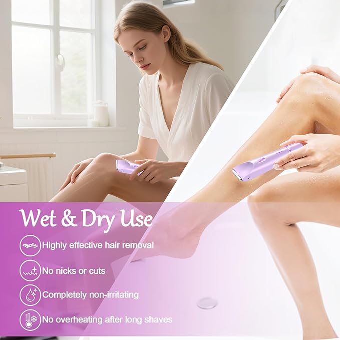 Dermave Bikini Shaver, 2 in 1 Dual Head Bikini Trimmer & Body Shaver, Pain-Free Electric Trimmer for Women, IPX7 Waterproof Wet & Dry, Ceramic Blade, Purple