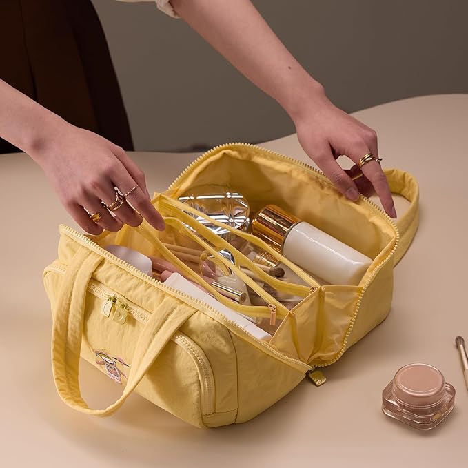 Makeup bag, Large Capacity Cosmetic Bag for Women, Portable Wide-open Toiletry Bag, Travel Makeup Bag with TPU Compartments for Accessories, Essentials, Toiletries, Makeup Brush Bag, Yellow