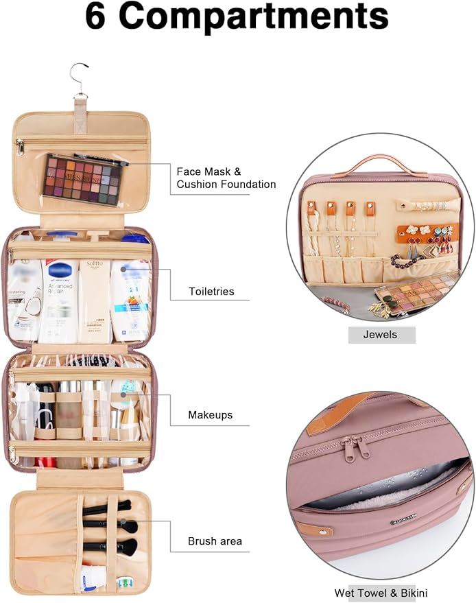 Women's Hanging Toiletry Bag, Waterproof Travel Cosmetic Organizer with Jewelry Storage, Large Capacity Makeup Case for Full-Size Skincare & Bathroom Essentials, Portable Cosmetic kit, Dark Purple
