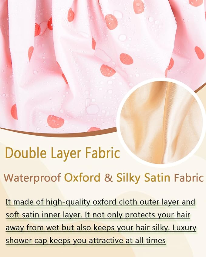 Shower Cap Large Shower Caps for Women Reusable Waterproof with Adjustable Band Double Layer Design Large Luxury Washable Bath Hair Bonnet (Pink Dot)
