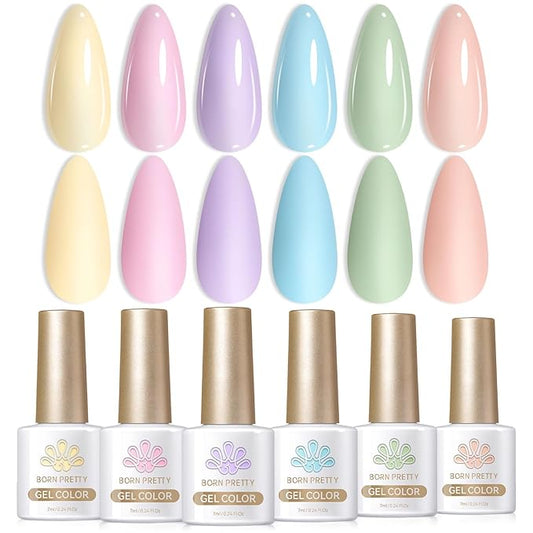 Born Pretty Pastel Gel Nail Polish Set Spring Summer Gel Polish Macaron Candy Sweet Color Gel Polish Easter Soft Pink Yellow Purple Blue Green Colors Collection Nail Art Gift Box 7ML 6PCS