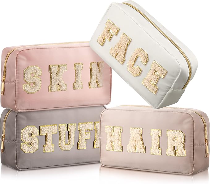 Cunno 4 Pcs Preppy Makeup Bags Chenille Letter Stuff Bag Nylon Cosmetic Pouch Cases with Zipper for Women Travel Toiletry