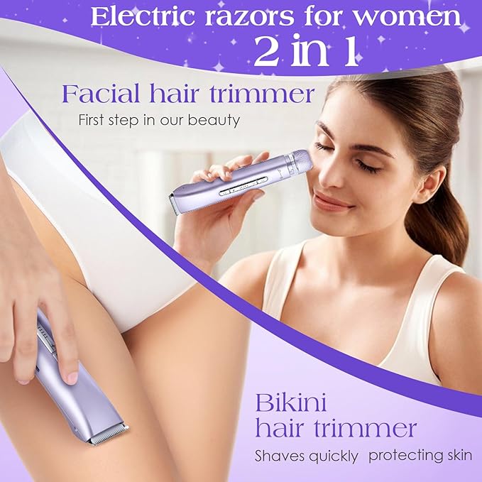 2 in 1 Bikini Trimmer for Women Dual Head Electric Razors IPX7 Waterproof Wet & Dry Use, Electric Shaver for Women Private Area Facial Body Underarm Leg Arm Hair Remover for Pubic Hair