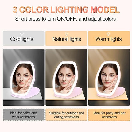 Travel Makeup Mirror with Light: 3 Color Lighting Portable Mirror with Touch Screen Rechargeable Adjustable LED Lights Hexagon Vanity Mirror for Travel, Desk, Home (Purple)