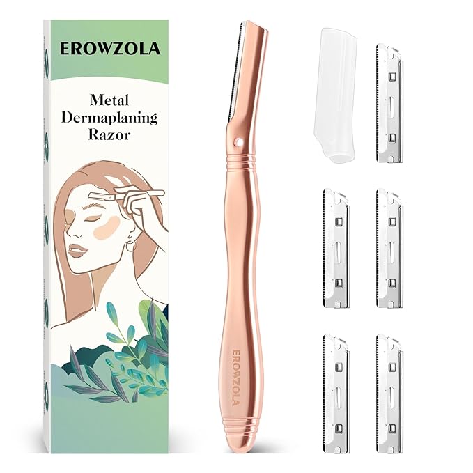 Eyebrow Razor for Women and Men, Face Razors for Women, Dermaplane Razor with Protective Silicone Cover, Reusable Metal Handle with 6 Refill Blades, Skin Care Tool - Rose Gold