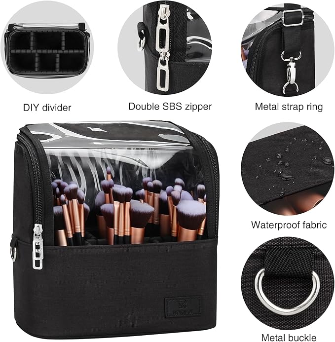 Makeup Brush Case Stand-up Makeup Cup Travel Professional Cosmetic Bag Artist Storage Bag Large Makeup Brush Bag with Adjustable Divider (Large, Black)