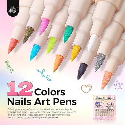 GELLAKTIK 12 Colors Nail Art Pens Set, 3D Nail Color Pens, Quick-Drying Acrylic Paint Markers, Dotting Liner Brush for DIY Nail Design, Home & Salon Manicure Tools
