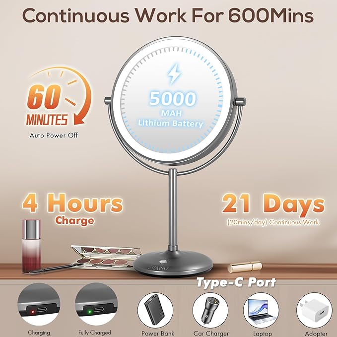 VESAUR 9" 1X15X Lighted Makeup Mirror, 5000mAh Rechargeable 2-Sided Magnifying Mirror with 3 Dimmable Lights, 360° Rotation Vanity Mirror, Tabletop Detachable Travel Mirror, Black Nickel with Gift Box