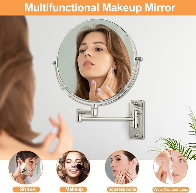8" Wall Mount Magnifying Mirror, 1X/10X Double-Sided Makeup Mirror Wall Mounted with Extendable Folding Arm, 360° Rotation, Brushed Nickel, Perfect for Shaving & Makeup in Bathroom (No Light)