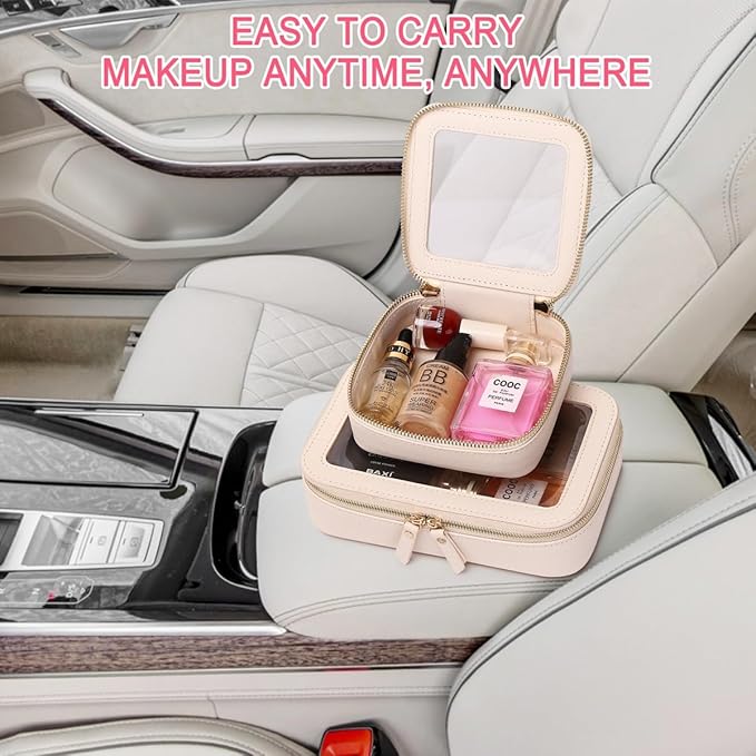 Pinkmik Small Makeup Bag Mini Clear Cosmetic Makeup Case & Toiletry Bag with Zipper Women's Purse Organizer & Car Essentials (Beige, MINI)