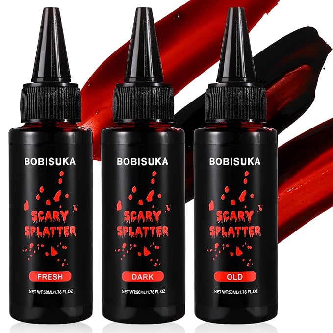 BOBISUKA 3PCS Halloween Fake Blood Kit, Fresh/Dark/Old Washable Realistic Liquid Dripping Stage Blood for SFX Makeup, Cosplay, Party, Horror Film