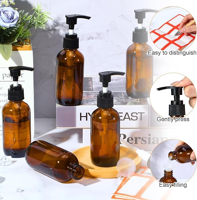 Tanlade 12 Pcs Glass Pump Bottle Dispenser 4 oz Travel Bottles with Pump Refillable Glass Containers for Toiletries Lotion Liquid Soap Shampoo Essential Oils Cosmetic Travel Accessories(Amber)