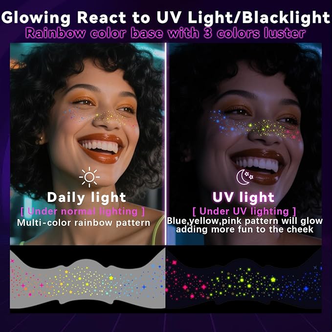6pcs Rainbow Freckles Face Tattoo Sticker Glow under UV Light Blacklight in the Dark, Neon Fluorescent Glitter Colorful Star Fake Faux Freckle Temporary Patches Makeup for Party Supplies #02