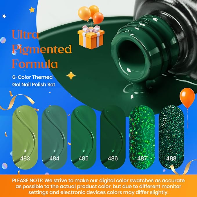 Beetles Carnival Evergreen Gel Nail Polish Set 6 Pcs Glitter Green Sparkle Gel Polish Kit Soak Off UV Nail Lamp Avocado Dark Green Nail Gel Nail Kit Nail Art Design