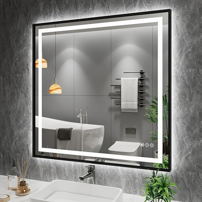 Amorho LED Mirror for Bathroom, 40" X38" Front Light and Backlit Black Framed, Stepless Dimmable, Anti-Fog, Shatter-Proof, Memory, 3 Colors, Double LED Vanity Mirror
