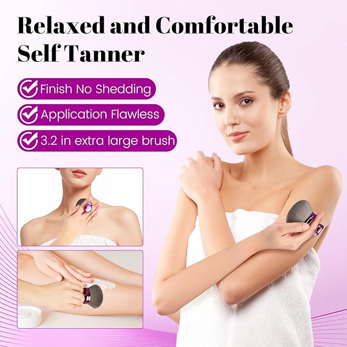 Extra Large Body Makeup Brush For Self Tanner,Makeup Brush For Self Tanner Face Leg,Self Tan Back Applicator,3.2in Sphere Kabuki Brush For Bronzers Blend Self Tanning with Drawstring Bag Purple Vegan