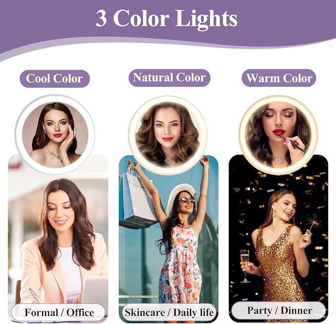 8" Makeup Mirror with Lights, 1X/10X Lighted Vanity Mirror with Magnification, 3 Color Adjustable Brightness, 360° Rotating Dual-Side, USB Rechargeable Cordless Design for Vanity & Tabletop