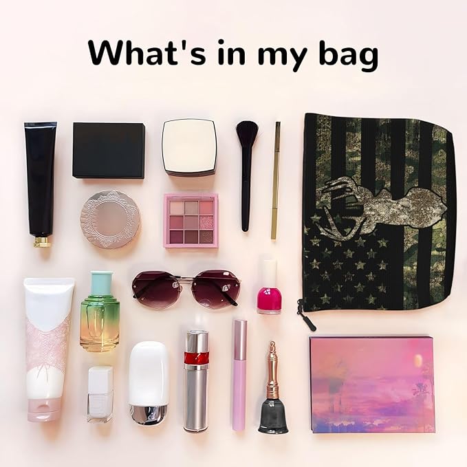 MOLAIGIN Camo Camouflage Hunting Deer American Flag Cosmetic Bag For Women, Travel Makeup Bag, Toiletry Zipper Bag, Large Capacity Aesthetic Cases