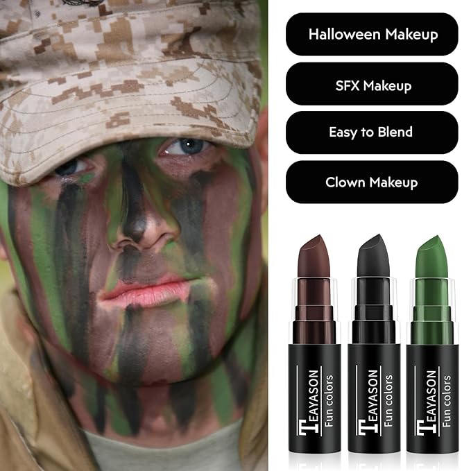 Black Brown Green Face Paint Halloween Makeup Kit, Matte Lipstick Set Football Baseball Eye Black Stick, Body Paint Face Makeup for Halloween Witch Deer Werewolf Face Camo Hunting