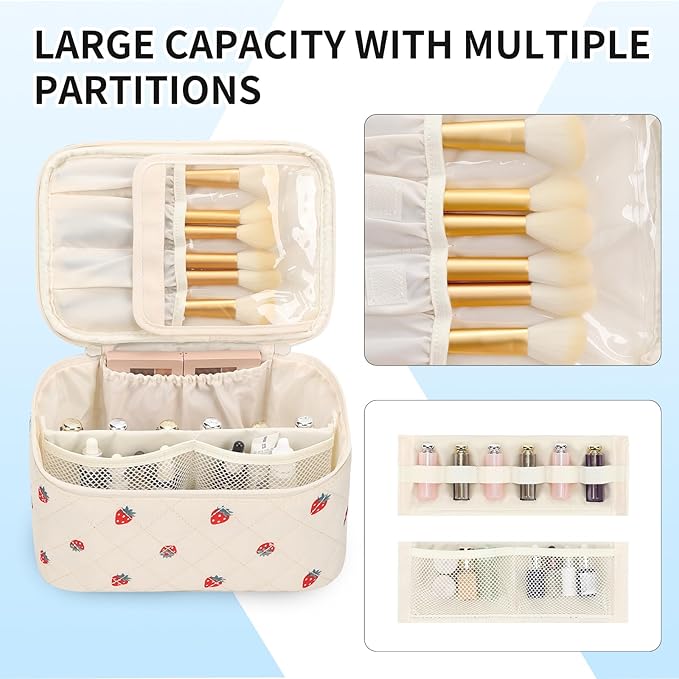 OCHEAL Makeup Bag,Travel Makeup Organizer Bag, Large Capacity Cosmetic Bags For Women Large Travel Toiletry Bag Girls Traveling With Brush Slot And Divider-Strawberry