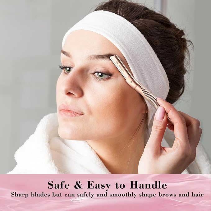 Eyebrow Razor, Face Razors for Women and Men, Reusable Metal Handle with 6 Refill Blades, Eyebrow Trimmer with Precision Cover, Dermaplane Razor, Skin Care Tool - Rose Gold