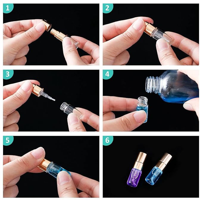 Zhehao 50 Pcs Mini Spray Bottles 2 ml Clear Glass Perfume Bottles Refillable Fine Mist Perfume Atomizer Portable Empty Sample Containers for Cleaning, Essential Oils, Travel (Gold Cap)