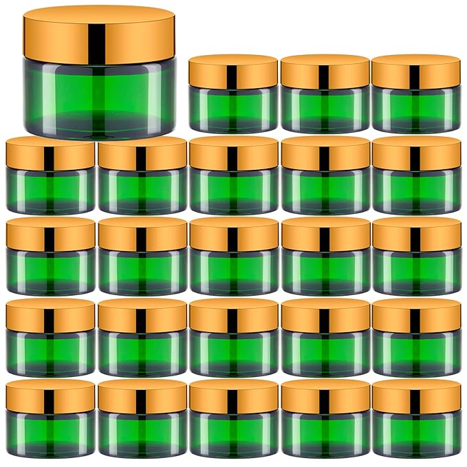 1 Oz Green Round Glass Jars with Inner Liners and Gold Lids(24PCS) Empty Cream Containers Refillable Cosmetic Vials for Cosmetics, Lotions, Ointment, Body Scrubs & Balms