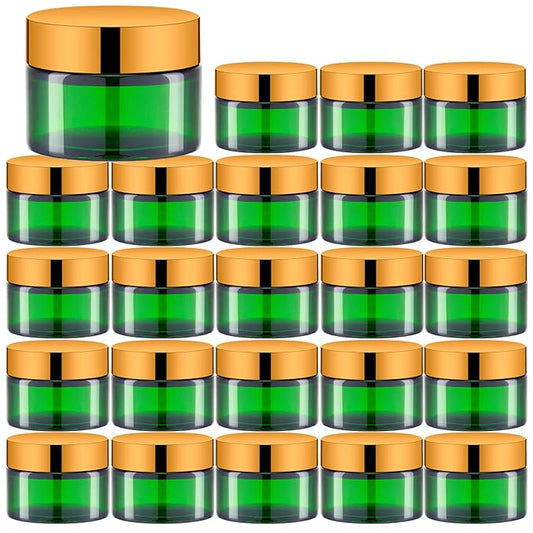 1 Oz Green Round Glass Jars with Inner Liners and Gold Lids(24PCS) Empty Cream Containers Refillable Cosmetic Vials for Cosmetics, Lotions, Ointment, Body Scrubs & Balms