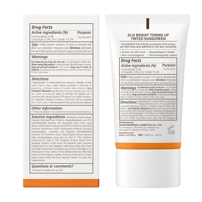 Dr. G Bright Toning Up Tinted Sunscreen - SPF 45 Broad Spectrum Korean Sunscreen - For All Skin Types - Lightweight, Matte Finish - Sebum Support - Niacinamide & Vitamin C - 1.69 fl oz