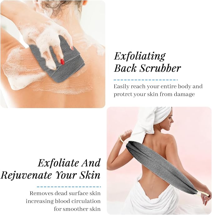Inmorven Exfoliating Back Scrubber with Handles, Nylon Back Exfoliator, Two Sides Stretchable Pull Strap Shower Deep Cleans Skin Massages Invigorating Blood Circulation for Women Men Body (Dark Gray)